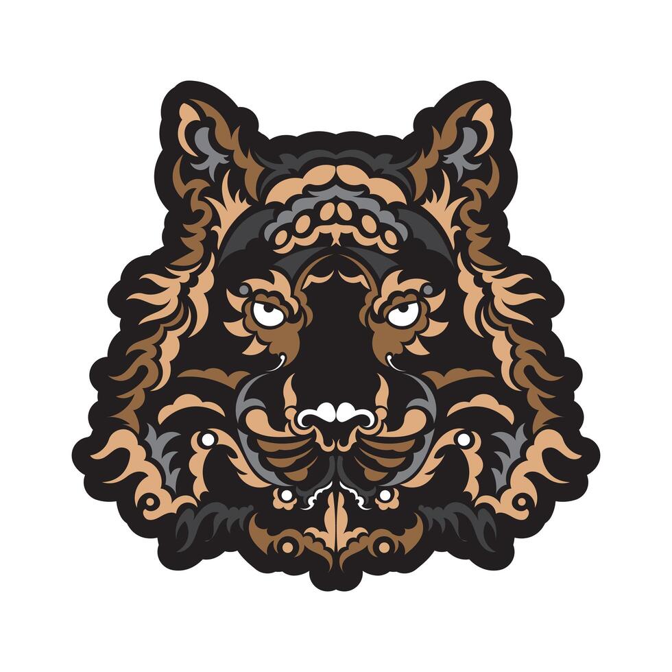 The colored face of a lion, composed of patterns. Tiger head print. For T-shirts, phone cases and cups. Isolated. Vector illustration.