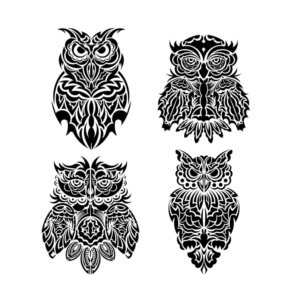 Owl tattoo set isolated on white background. Vector illustration.