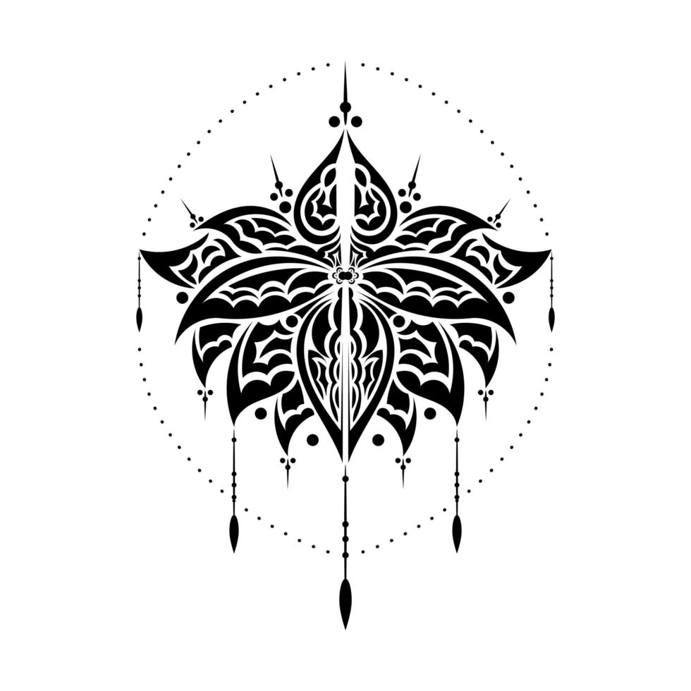 Lotus flower, yoga or zen decorative element in boho style. Lotus or water lily shapes, graphic elements in black on white background, Indian modern decorations. Vector