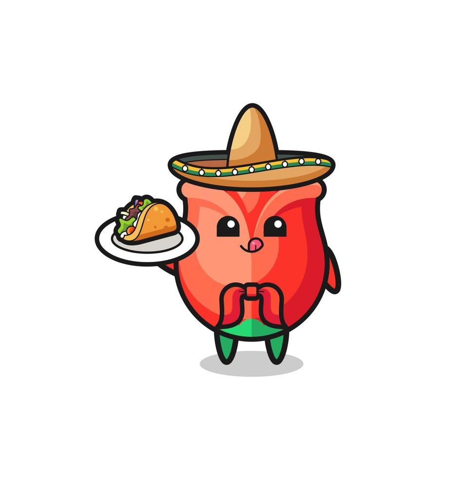 rosa mascota del chef mexicano sosteniendo un taco vector