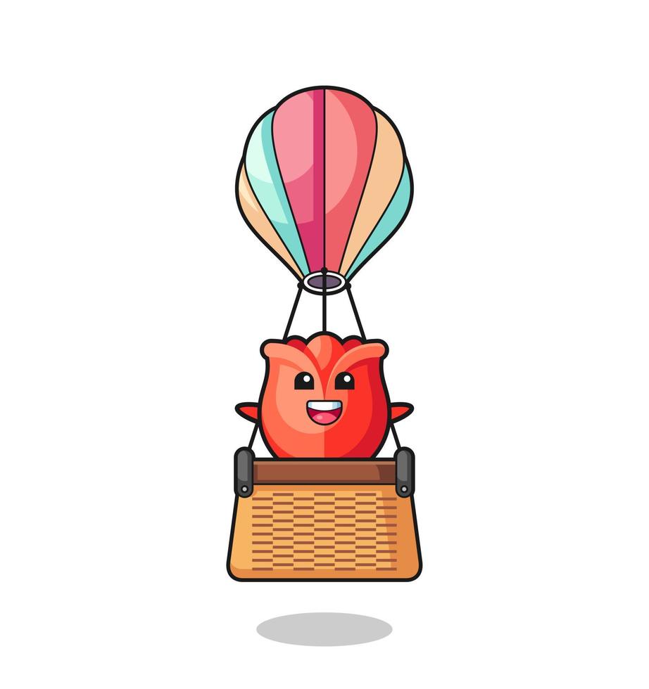 rose mascot riding a hot air balloon vector