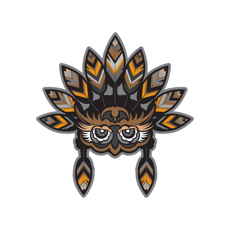 Owl face with Indian feathers. Owl from patterns. Good for tattoos, prints, and postcards. Vector illustration