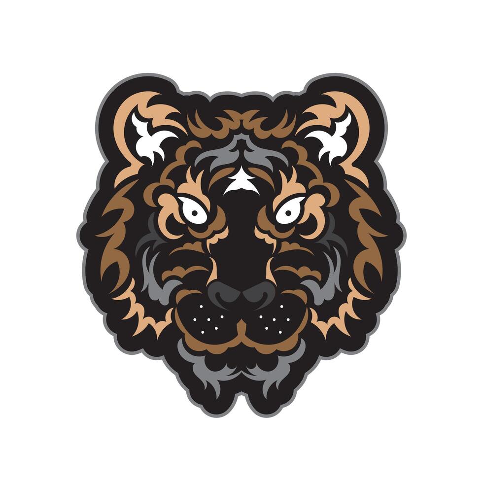 The colored face of a lion, composed of patterns. Tiger head print. For T-shirts, phone cases and cups. illustration. vector