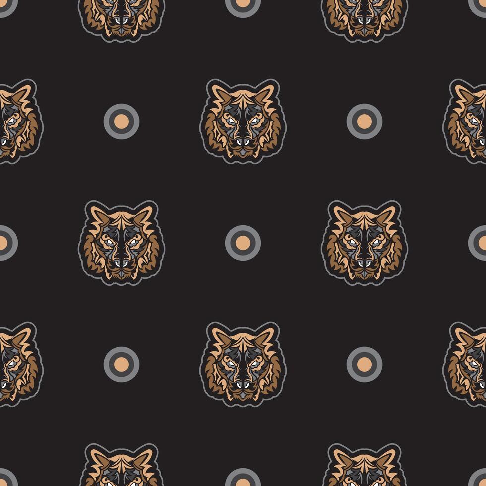 Tiger face seamless pattern in samoan style. Boho tiger face. Good for backgrounds and prints. Vector illustration.