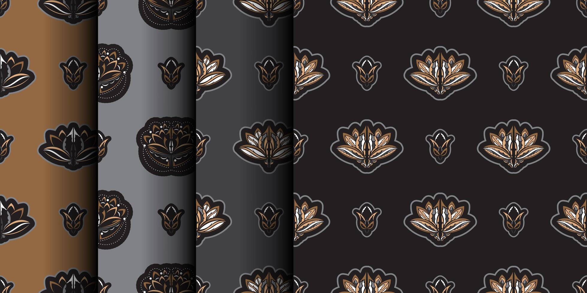 Set of Seamless pattern with lotuses. Dark background. Expensive and luxurious style. Good for prints. Vector