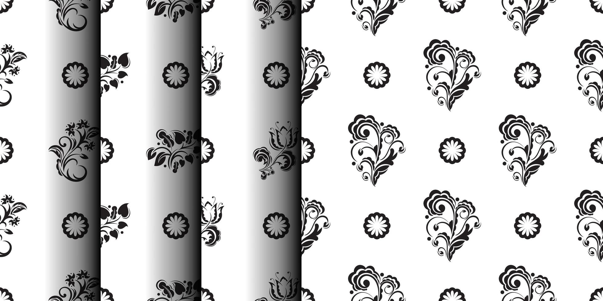 conjunto de patrones en blanco y negro sin fisuras con flores y monogramas en un estilo sencillo. Bueno para ropa y textiles. vector