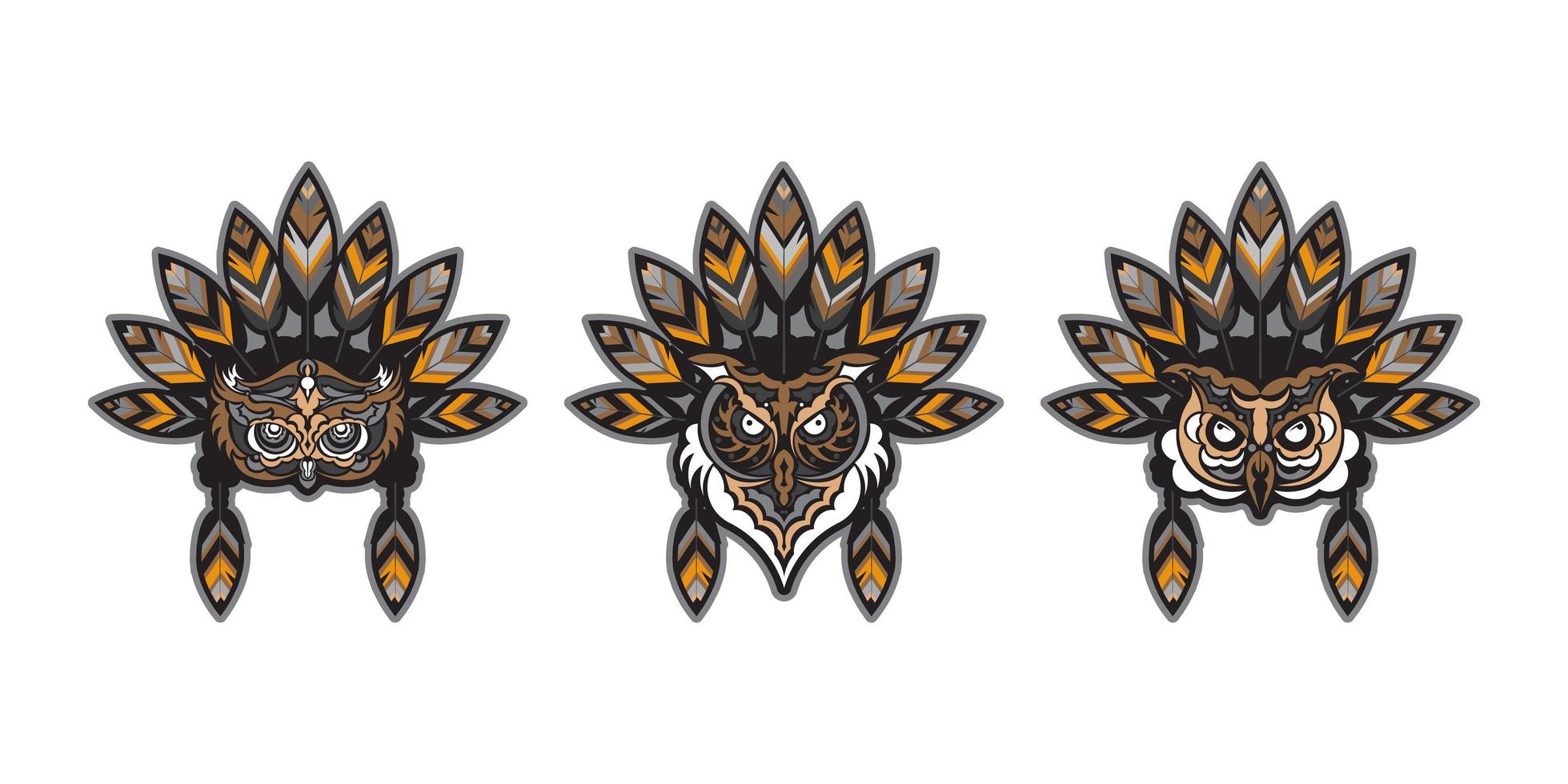 Set of face of an owl with Indian feathers. Owl from patterns. Good for prints. Vector