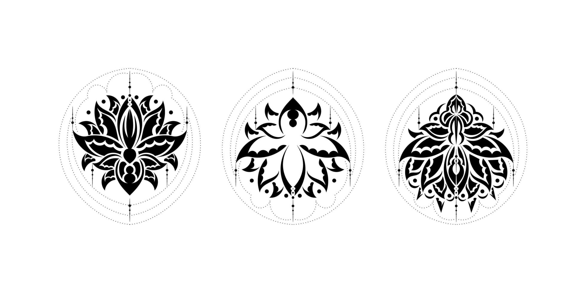 Set of lotus flower, yoga or zen decorative element in boho style, Indian modern ornaments. Vector