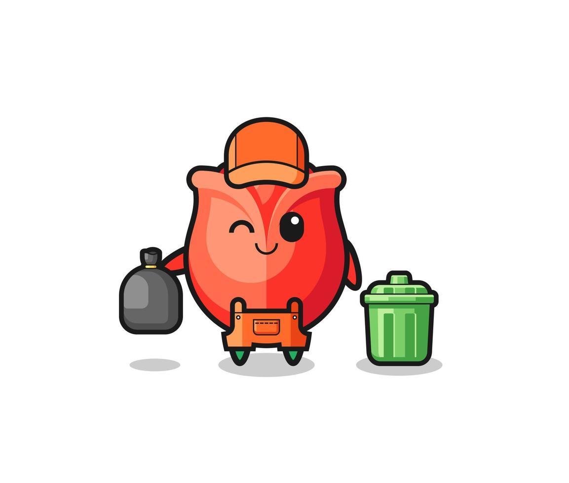 the mascot of cute rose as garbage collector vector