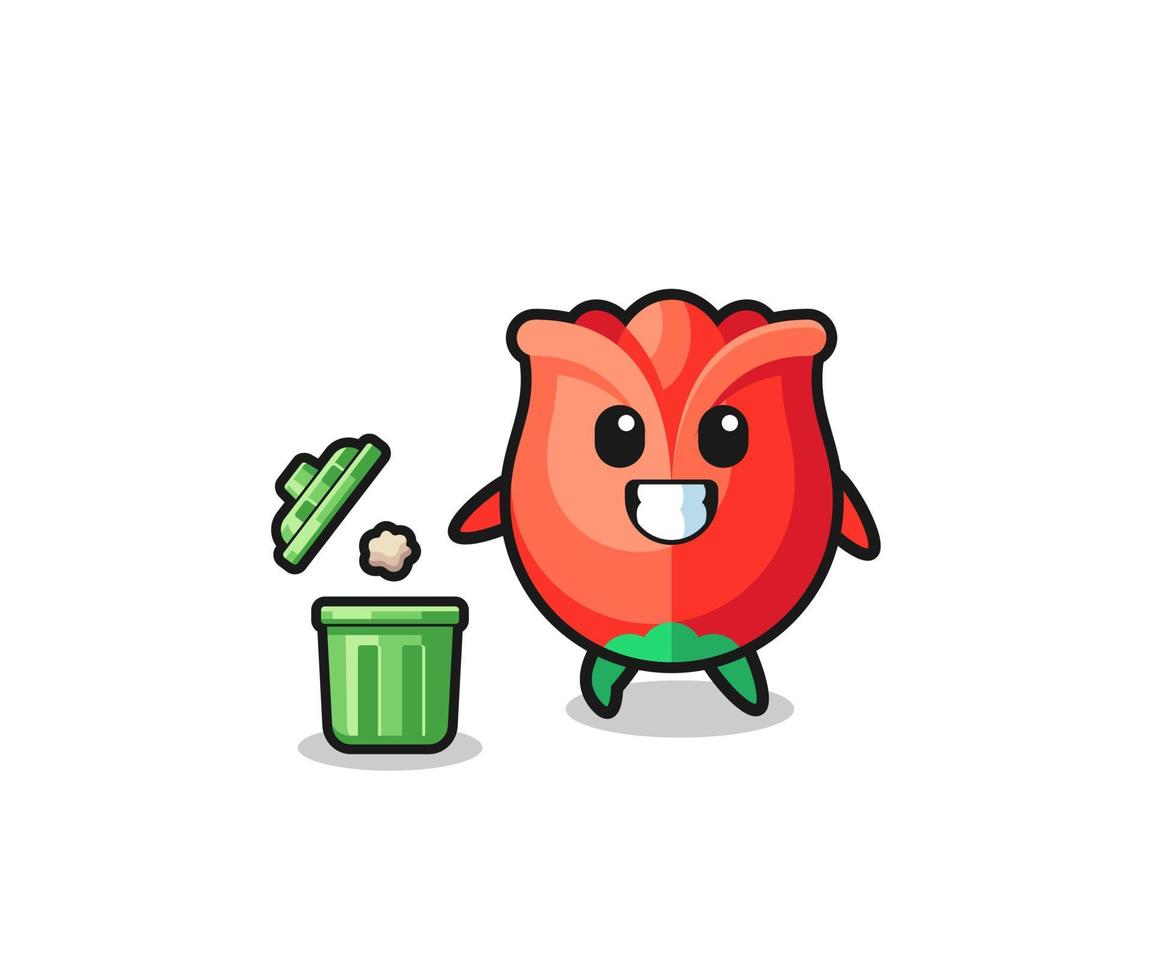 illustration of the rose throwing garbage in the trash can vector