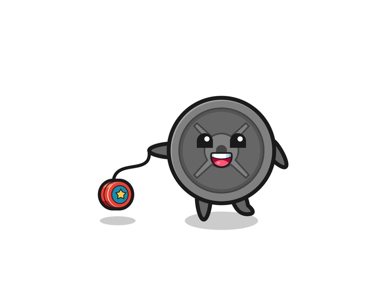 cartoon of cute barbell plate playing a yoyo vector