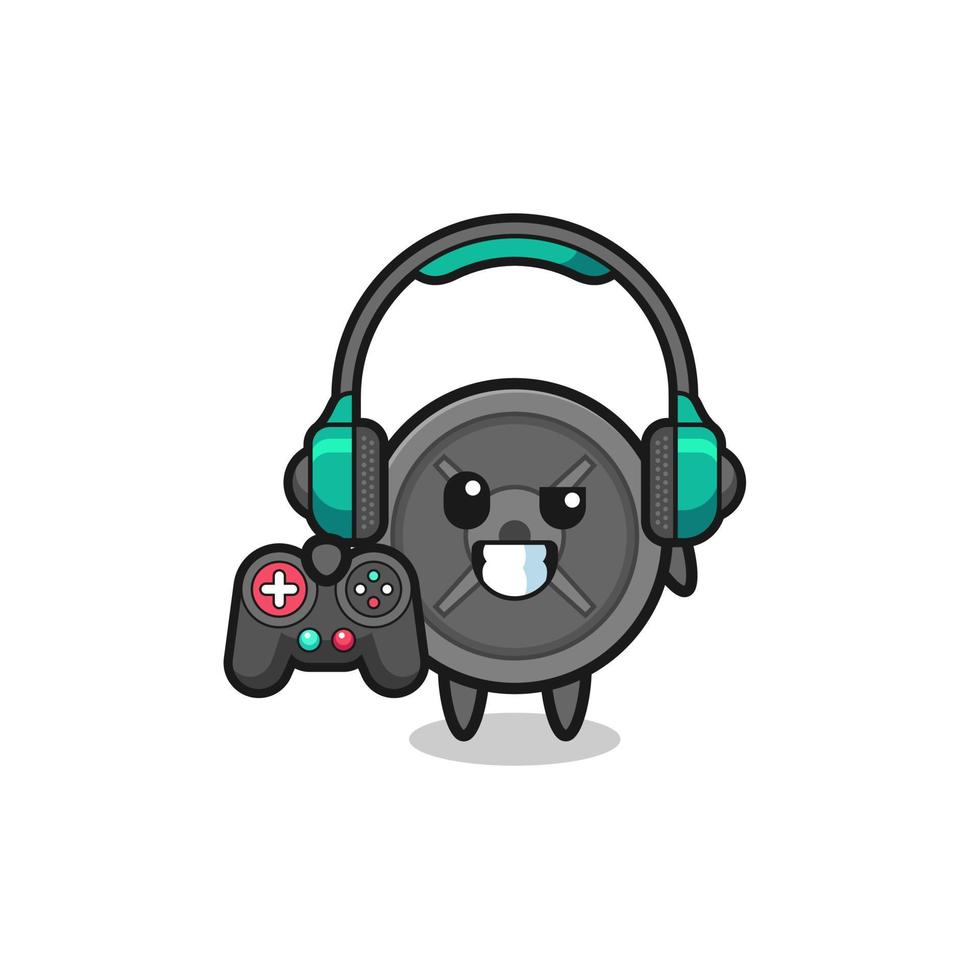 barbell plate gamer mascot holding a game controller vector