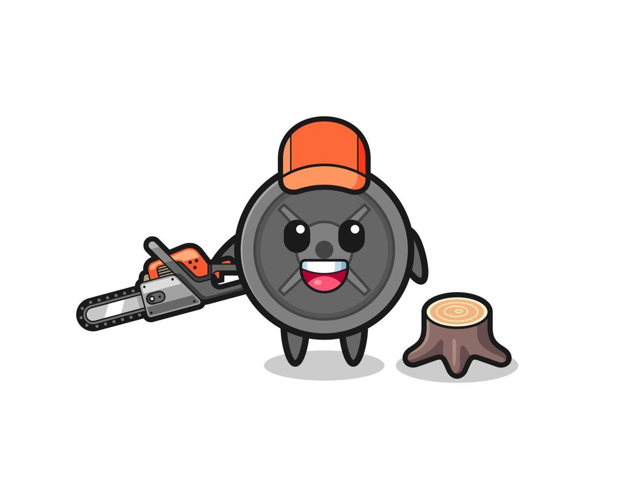 barbell plate lumberjack character holding a chainsaw vector