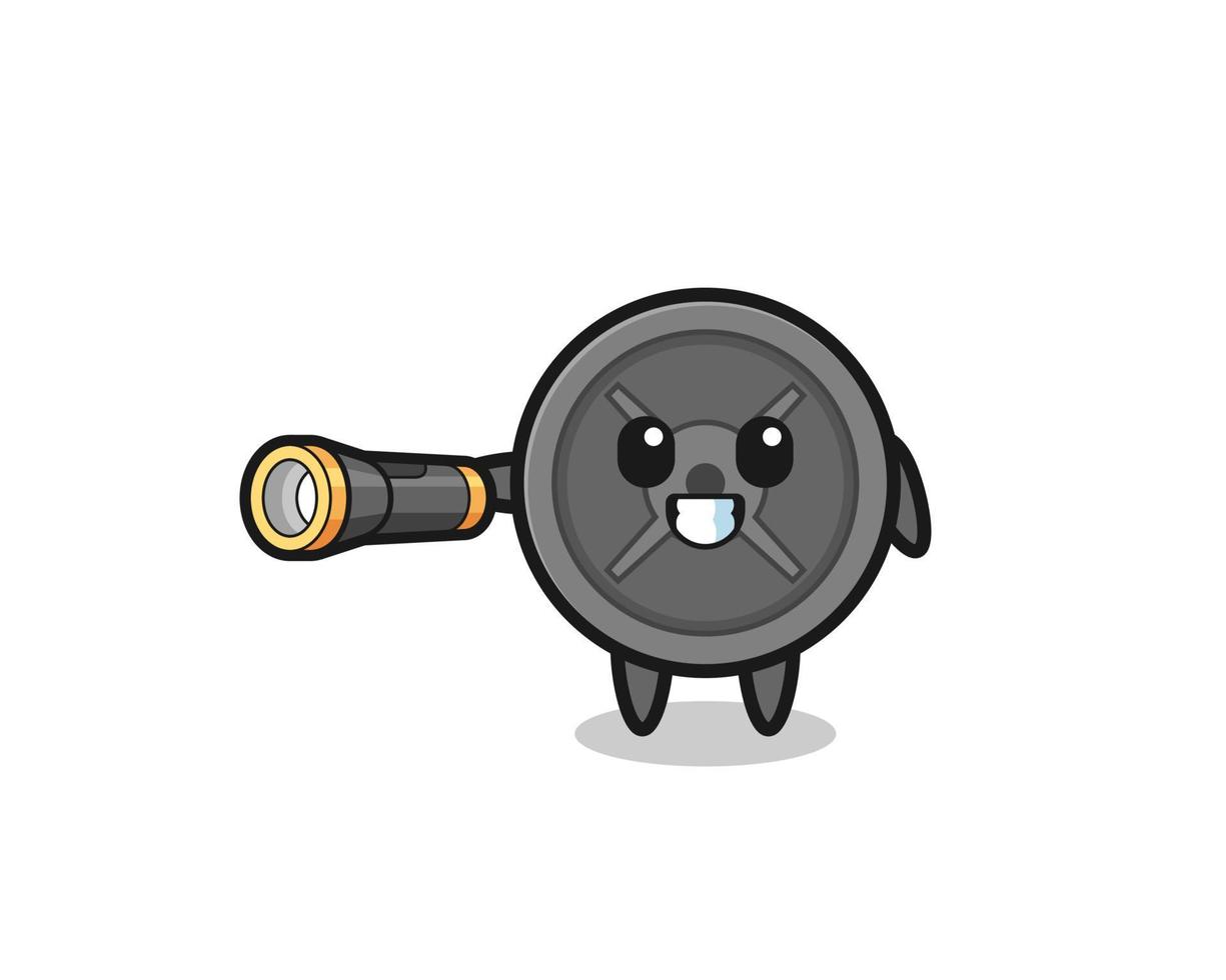barbell plate mascot holding flashlight vector