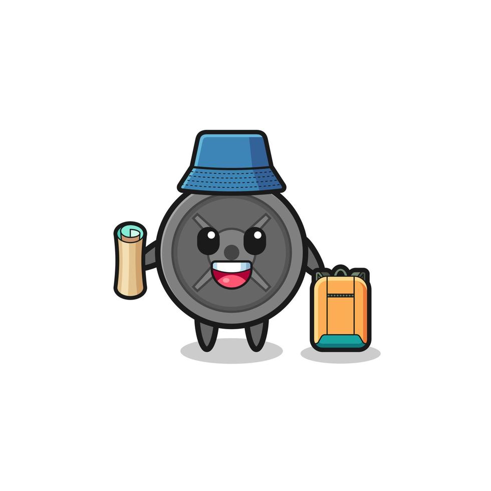 barbell plate mascot character as hiker vector