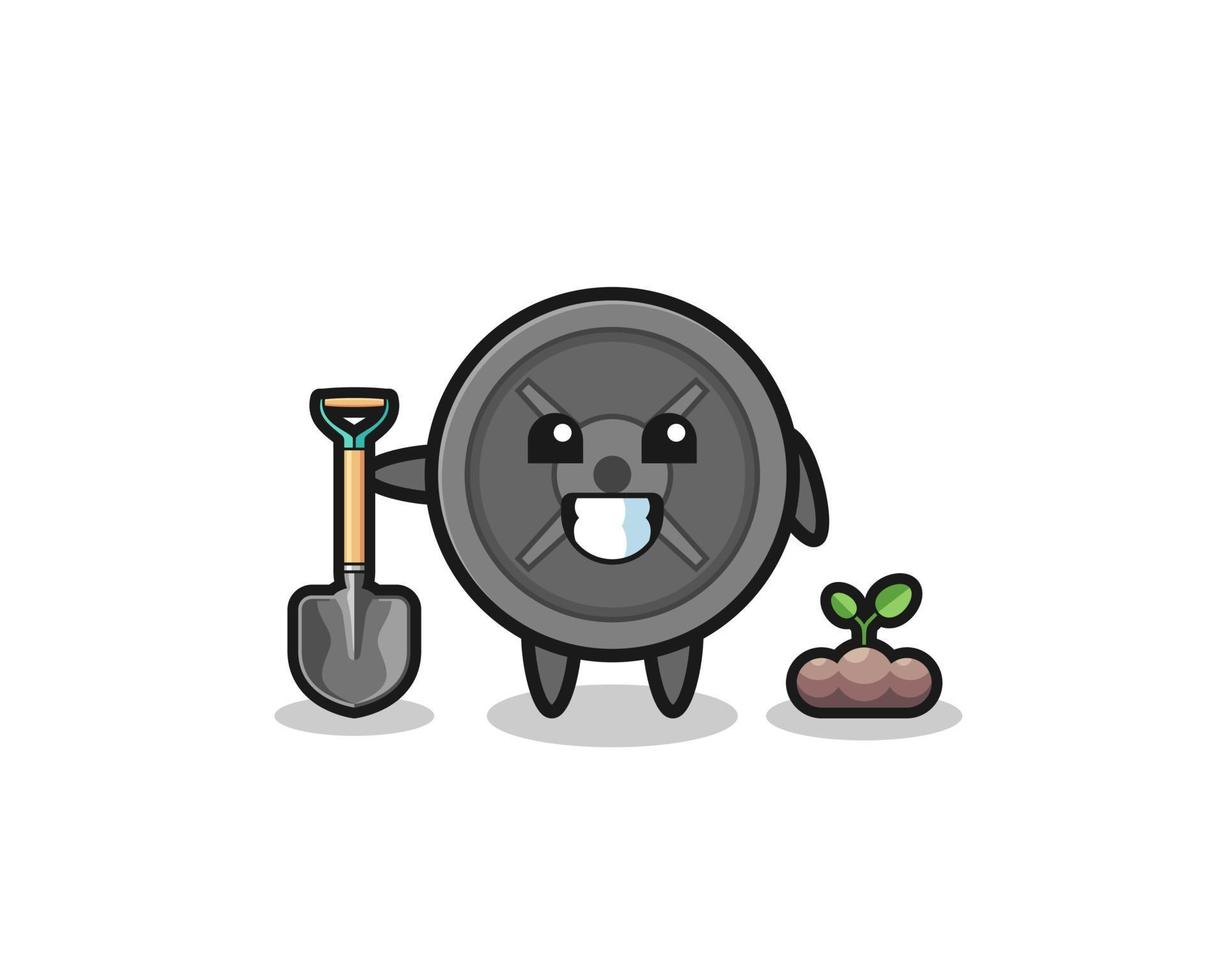 cute barbell plate cartoon is planting a tree seed vector