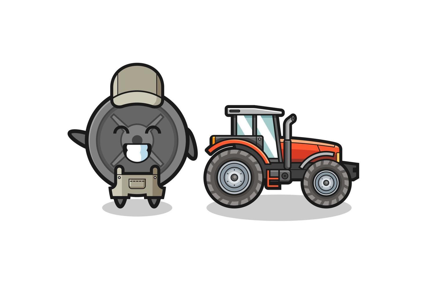 the barbell plate farmer mascot standing beside a tractor vector