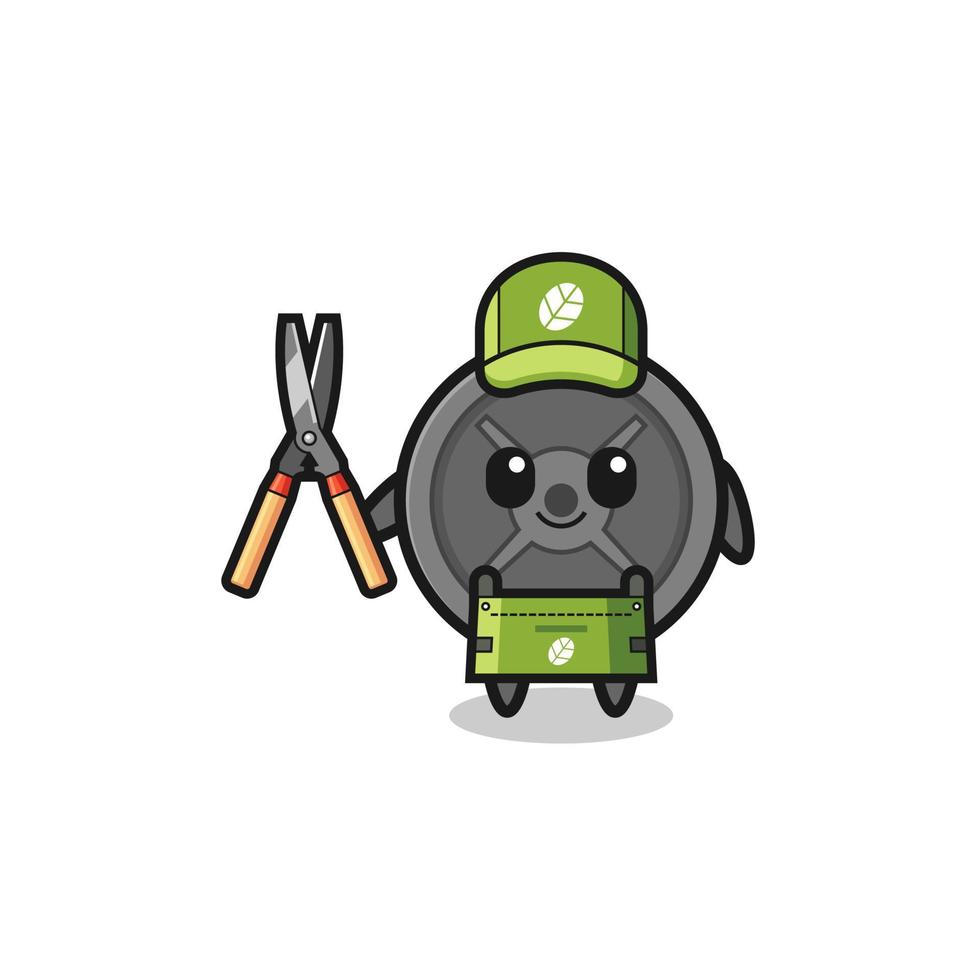 cute barbell plate as gardener mascot vector