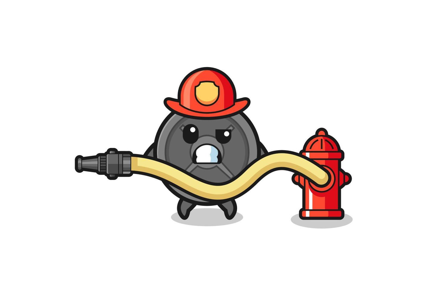 barbell plate cartoon as firefighter mascot with water hose vector