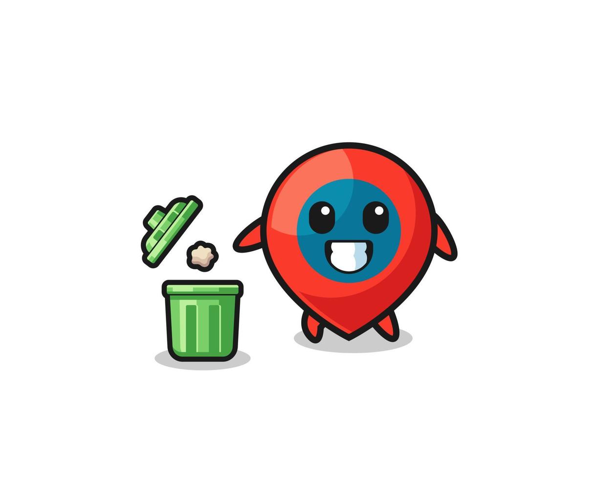 illustration of the location symbol throwing garbage in the trash can vector