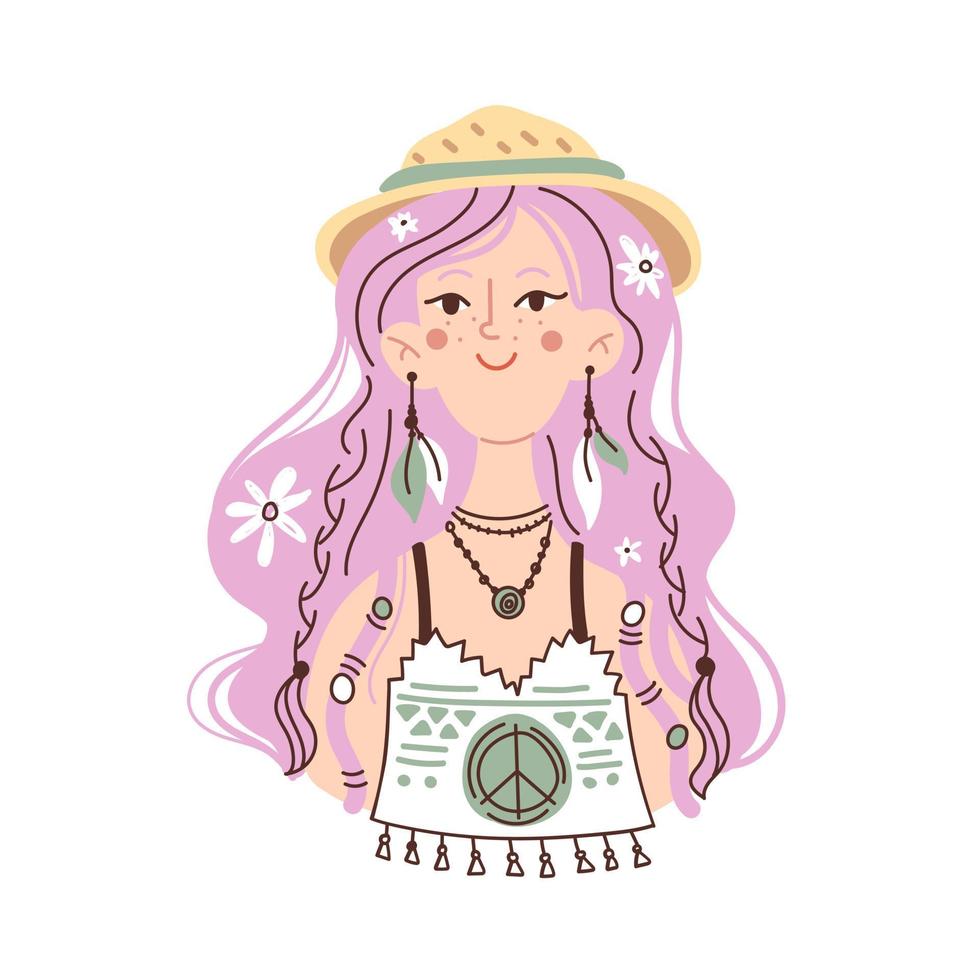 Boho or hippie style fashion outfit. Cute flat illustration isolated on white background. Fashionable girl with pink hair in a T-shirt with a pacifics sign in a hat and earrings with feathers. vector