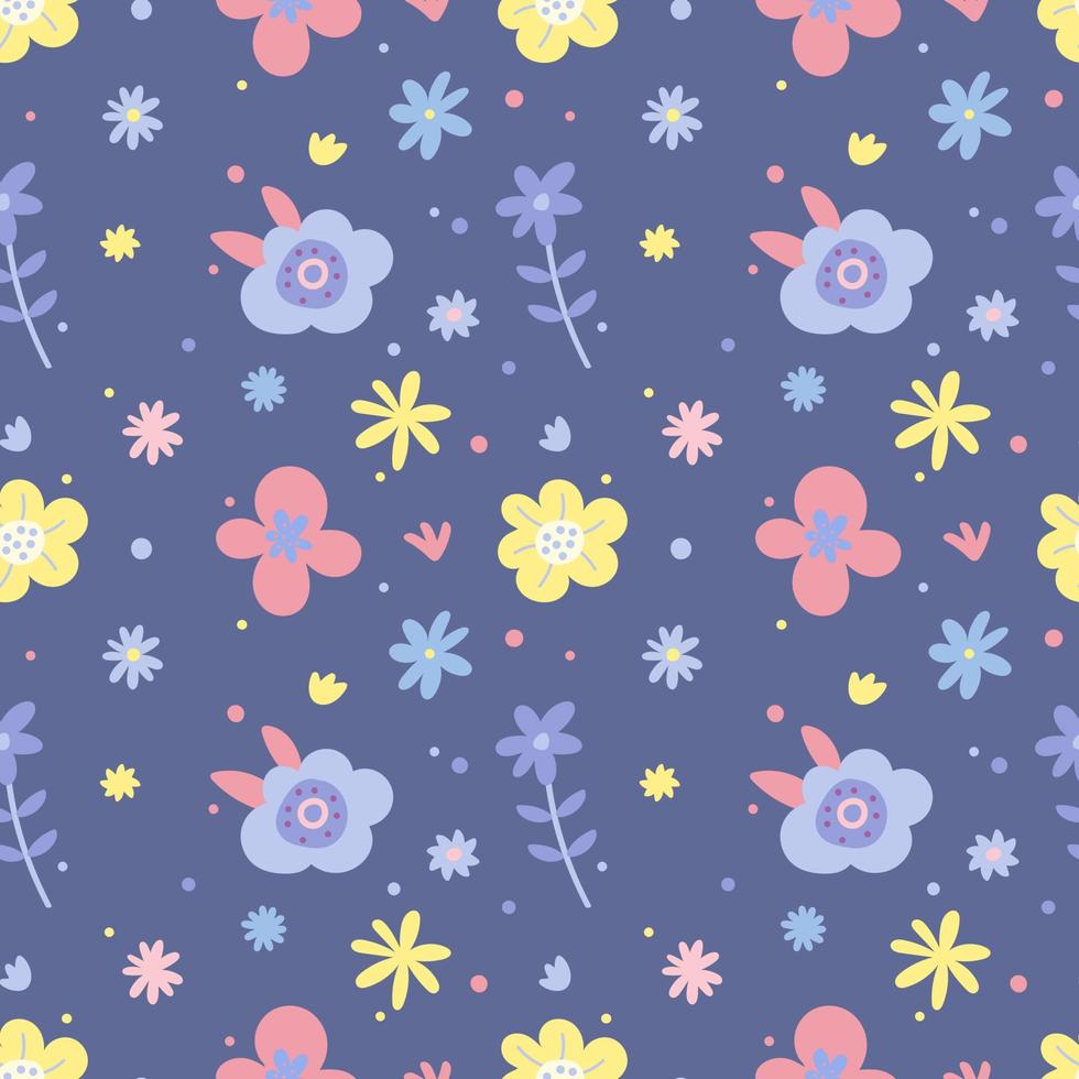 Seamless pattern with simple daisy flowers in pastel colors on a violet background. Floral modern print for fabric, wallpaper, textile, wrapping. vector