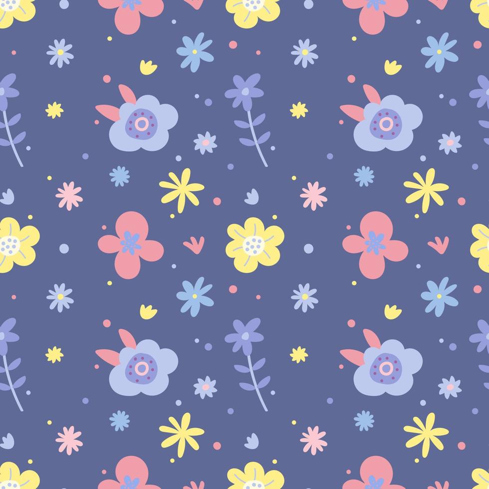 Seamless pattern with simple daisy flowers in pastel colors on a violet background. Floral modern print for fabric, wallpaper, textile, wrapping. vector