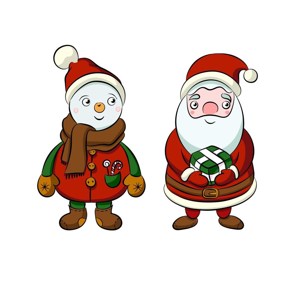 pon a santa con caja de regalo y muñeco de nieve disfrazado al estilo infantil. arte vectorial para postal o decoración, diseño de arte de fideos planos aislado en fondo blanco. vector