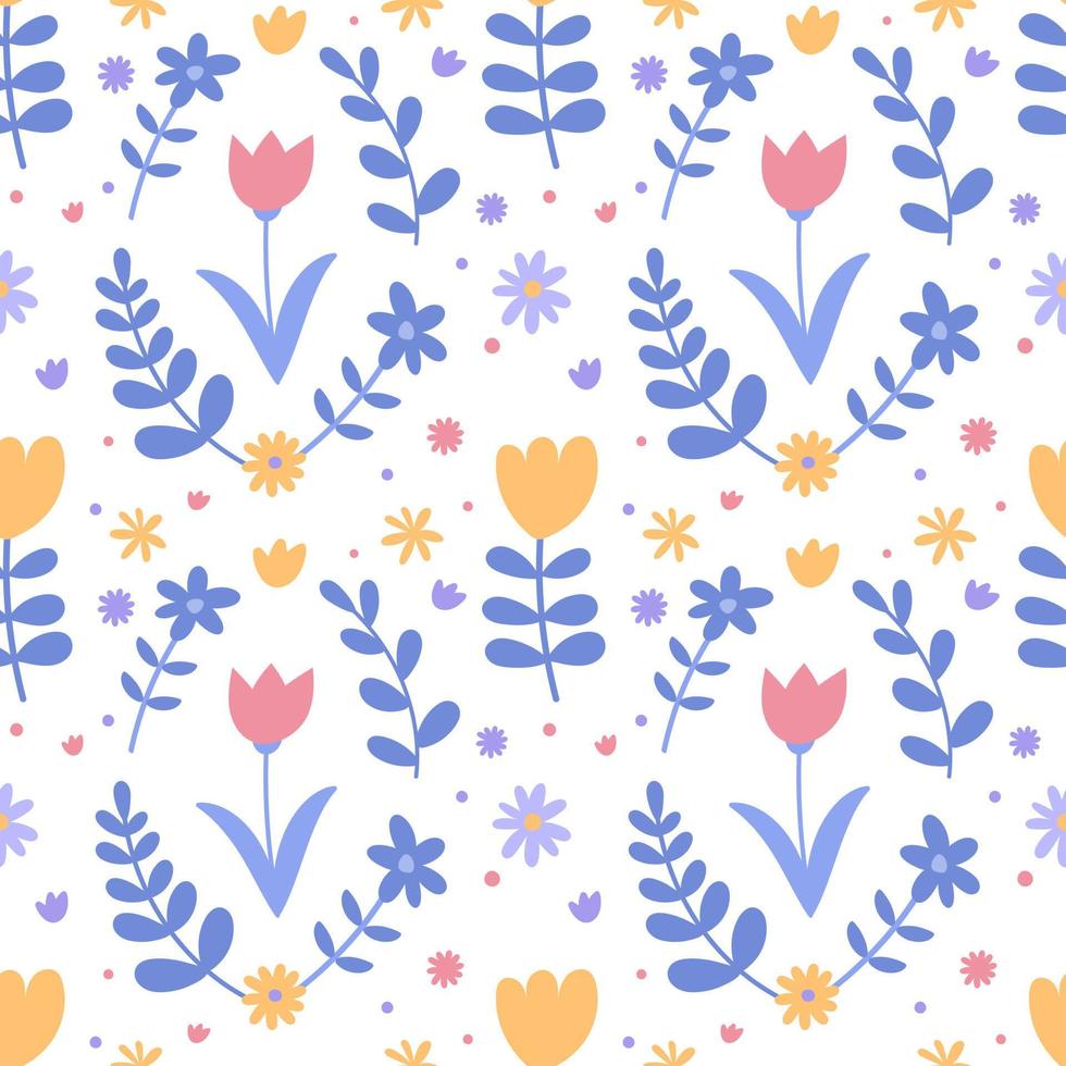 Seamless pattern with simple daisy flowers in pastel colors on a white background. Floral modern print for fabric, wallpaper, textile, wrapping. vector