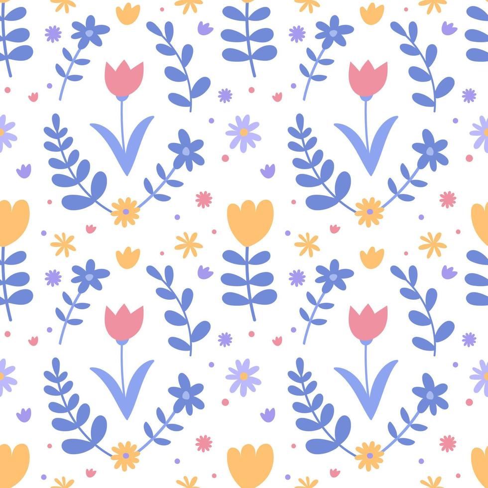 Seamless pattern with simple daisy flowers in pastel colors on a white background. Floral modern print for fabric, wallpaper, textile, wrapping. vector