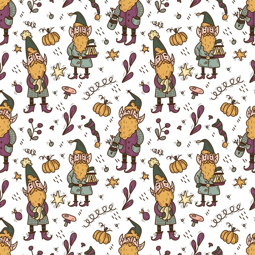 gnomos de jardín garabatos de patrones sin fisuras. lindos gnomos con barba divertida decoración de jardín, enanos con linterna, regadera, pumkins, hojas. personaje de dibujos animados para niños textiles y álbumes de recortes. vector