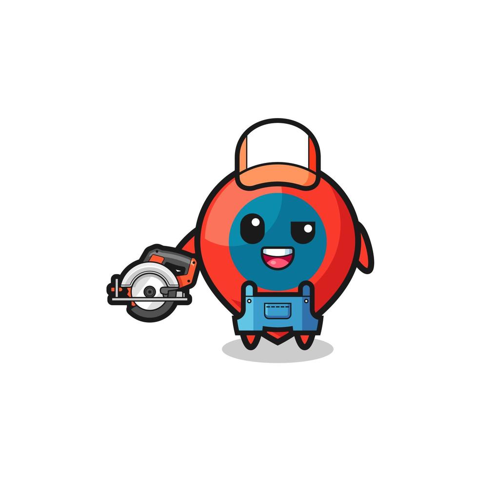 the woodworker location symbol mascot holding a circular saw vector
