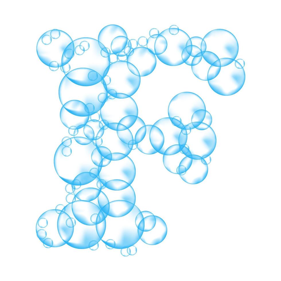 Alphabet of soap bubbles. Water suds letter F. Realistic vector font isolated on white background