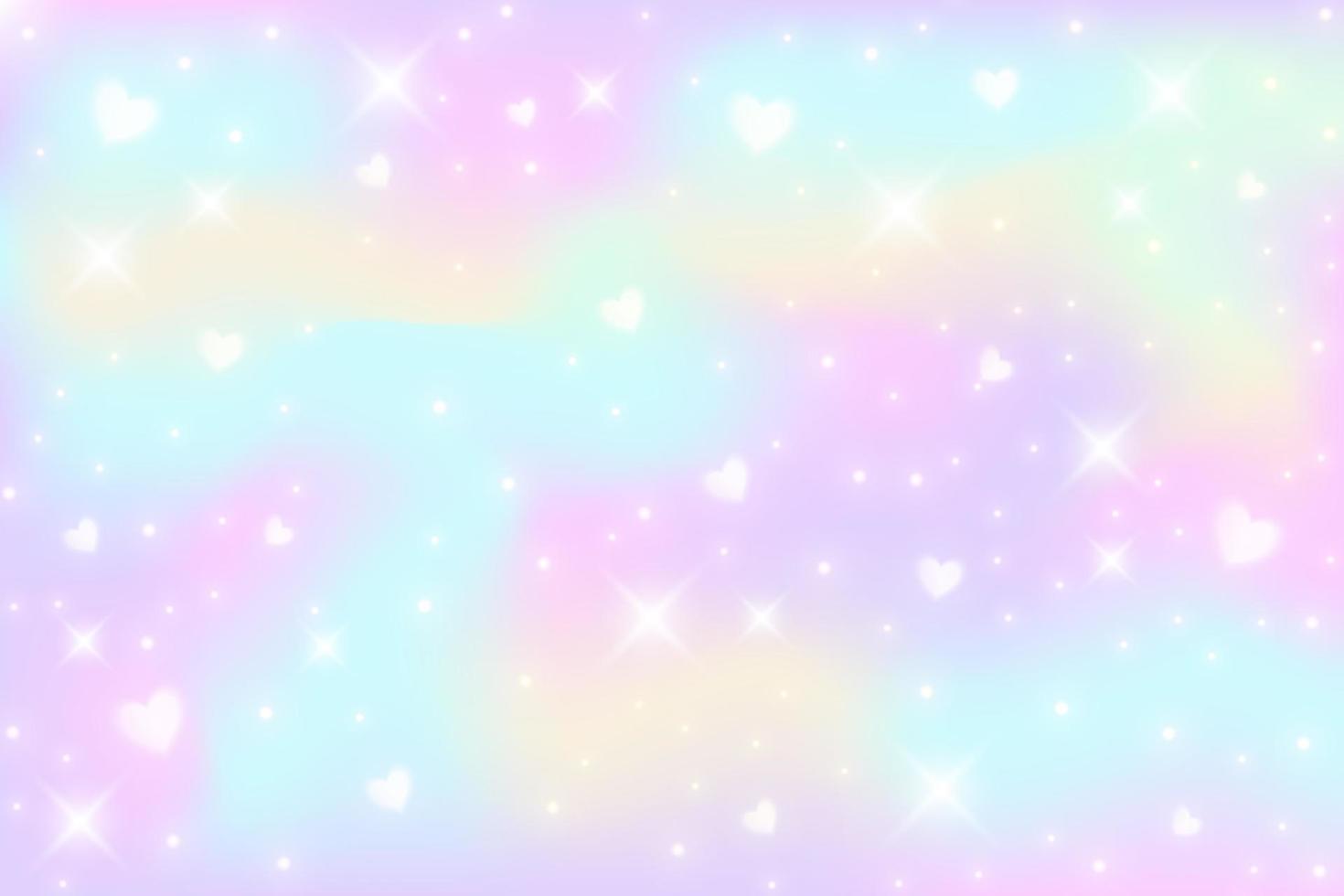Rainbow fantasy background. Holographic illustration in pastel colors. Multicolored sky with stars and hearts. Vector