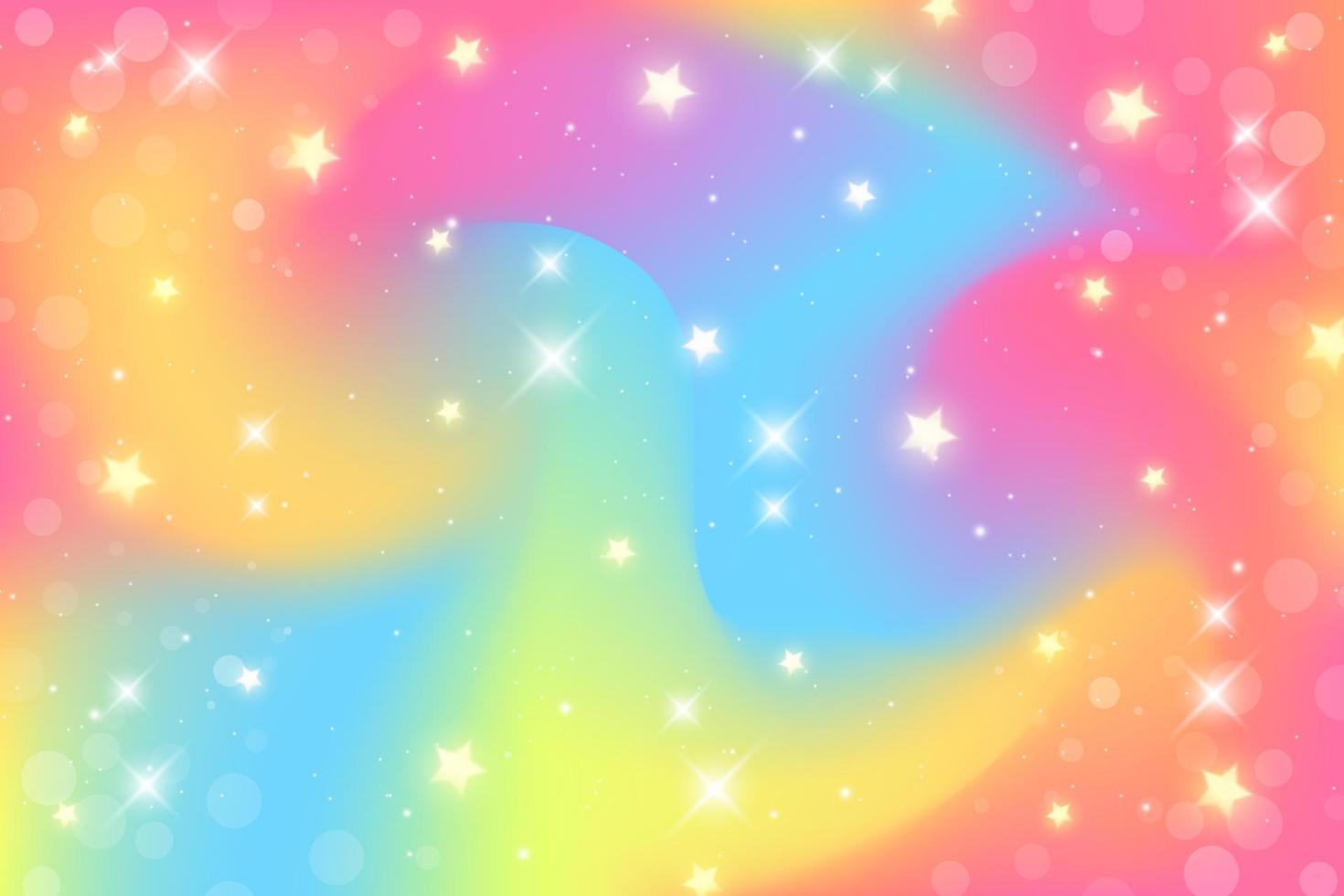 MobileRainbow fantasy background. Holographic illustration in pastel colors. Multicolored sky with stars and bokeh vector