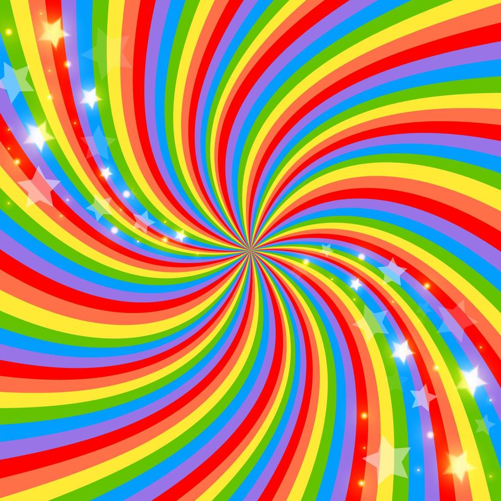 Rainbow swirl background with stars. Radial gradient rainbow of twisted spiral. Vector illustration.