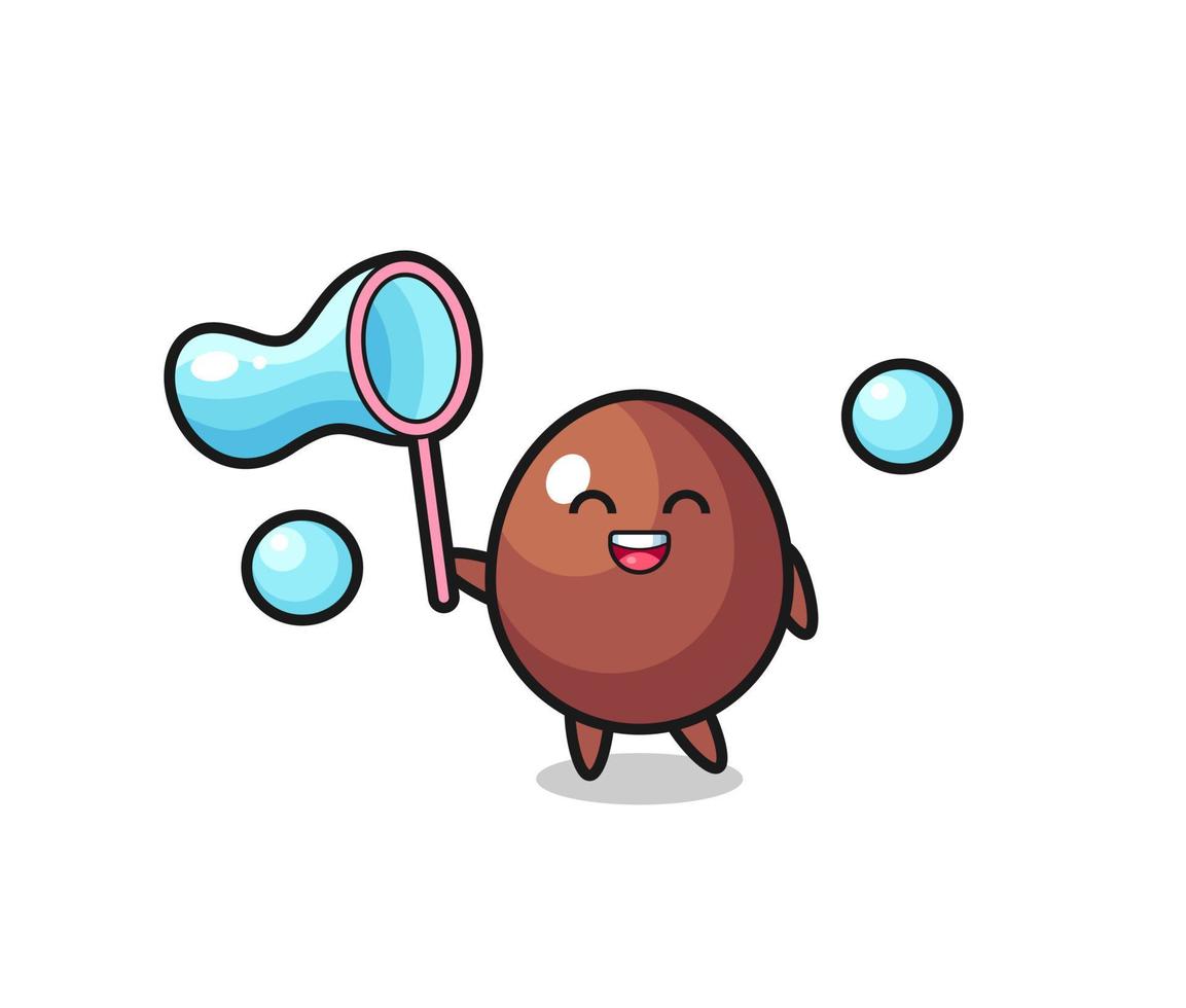 happy chocolate egg cartoon playing soap bubble vector