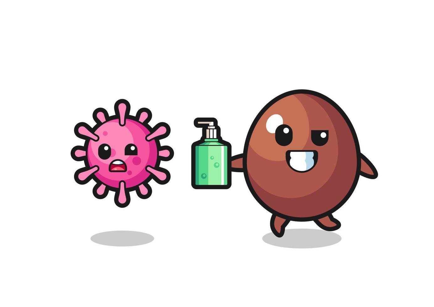 ilustración del personaje de huevo de chocolate persiguiendo virus malvados con desinfectante de manos vector
