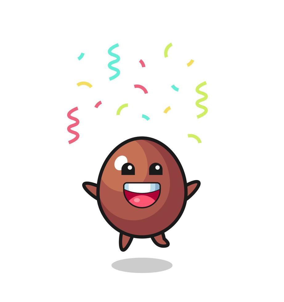 feliz mascota de huevo de chocolate saltando por felicitación con confeti de color vector