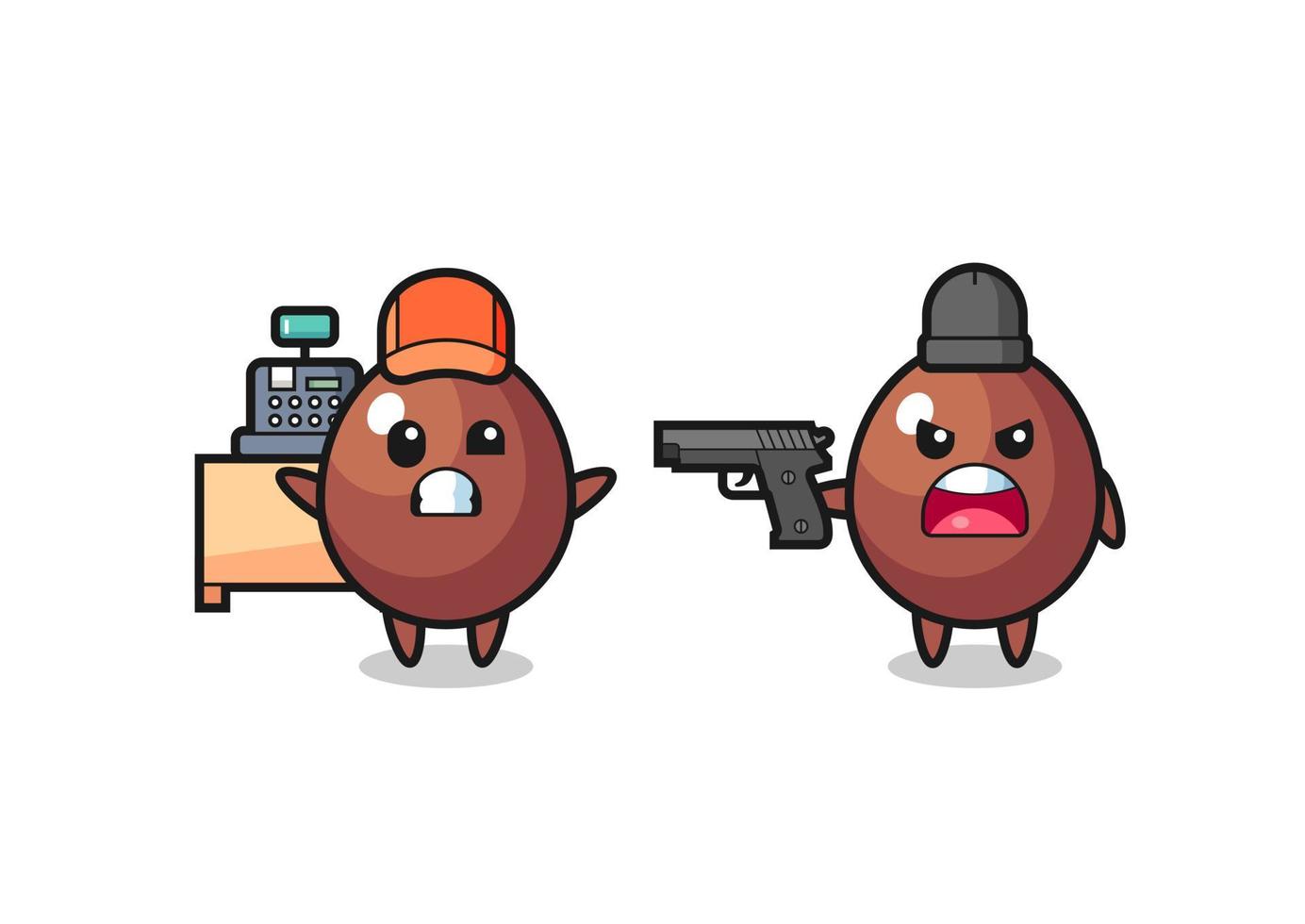 illustration of the cute chocolate egg as a cashier is pointed a gun by a robber vector