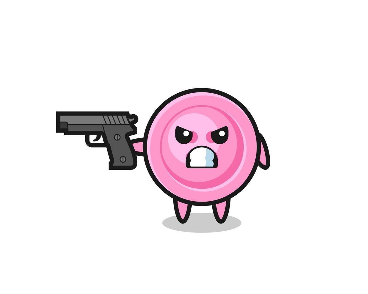 the cute clothing button character shoot with a gun vector