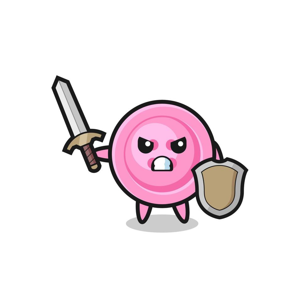 cute clothing button soldier fighting with sword and shield vector