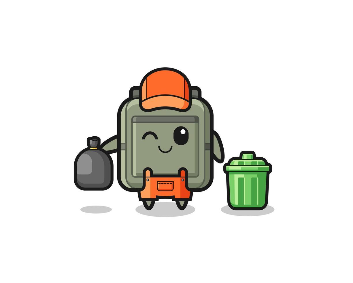 the mascot of cute school bag as garbage collector vector