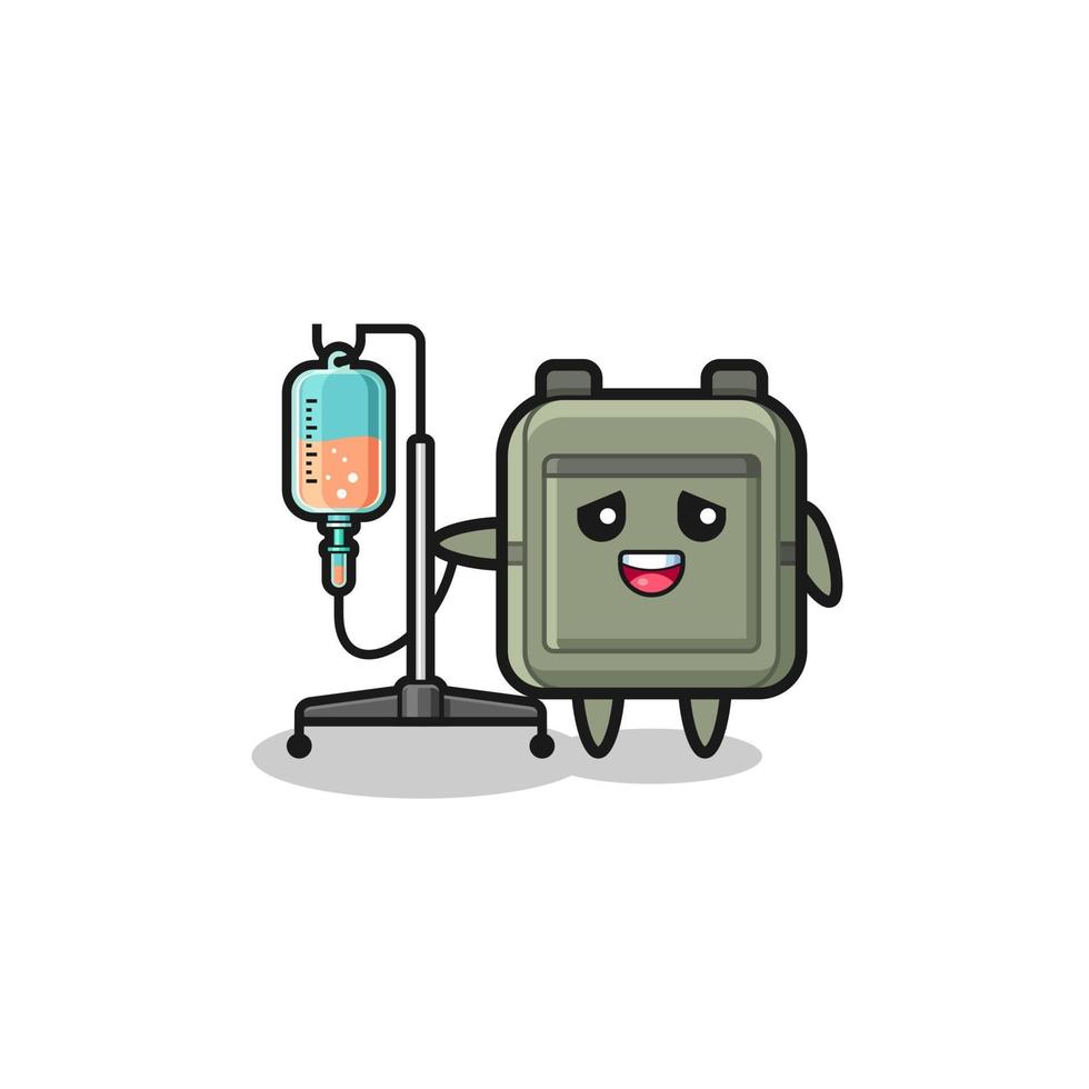 cute school bag character standing with infusion pole vector