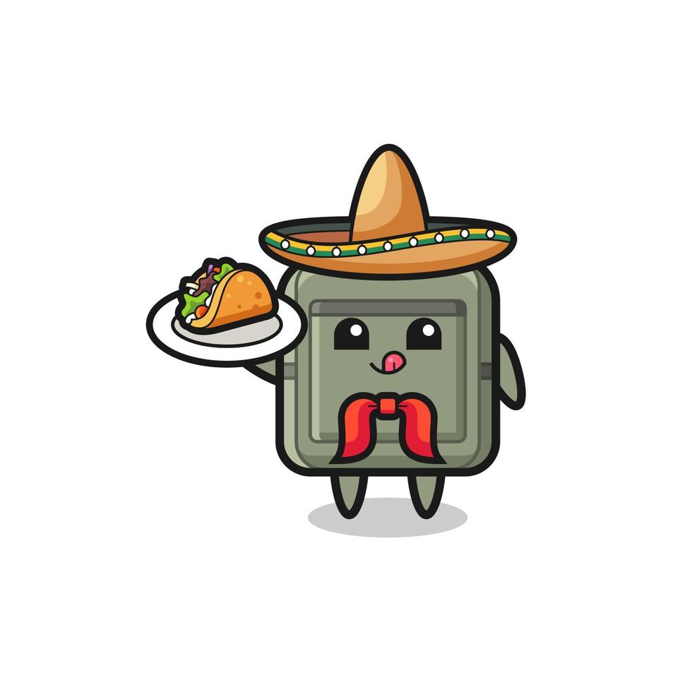 mochila escolar chef mexicano mascota sosteniendo un taco vector