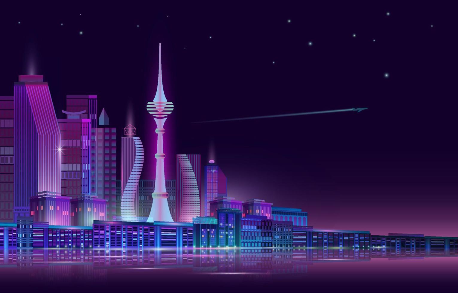 Night City Panorama with Neon Glow on Dark Background. Vector. vector