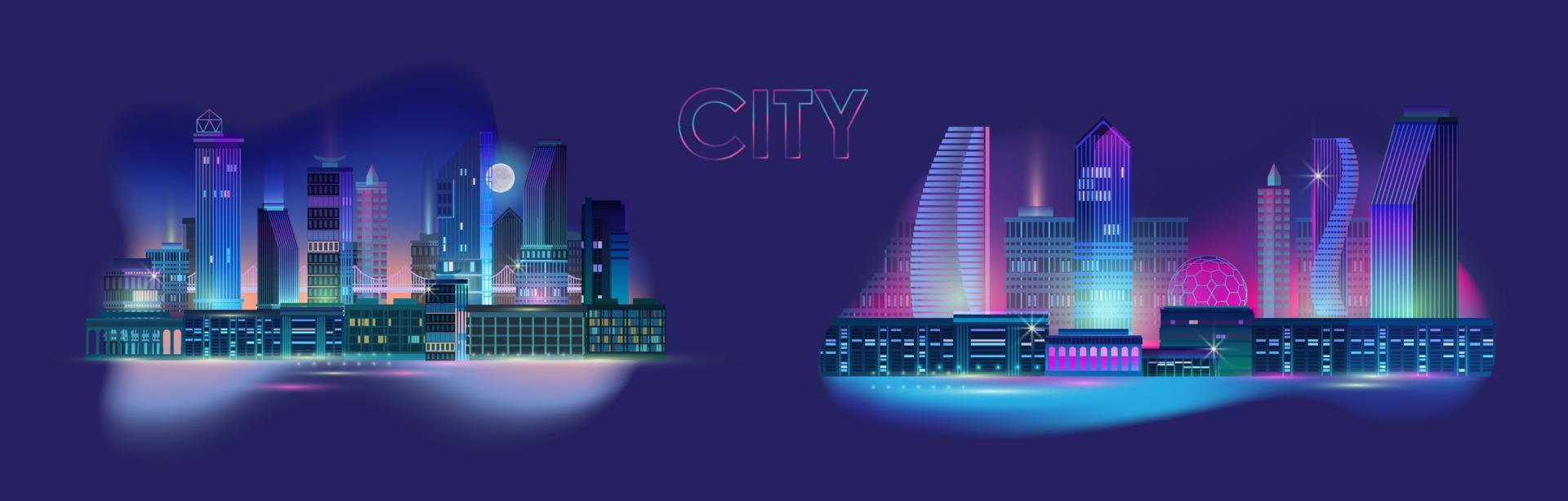 Night City Panorama with Neon Glow on Dark Background. Vector. vector