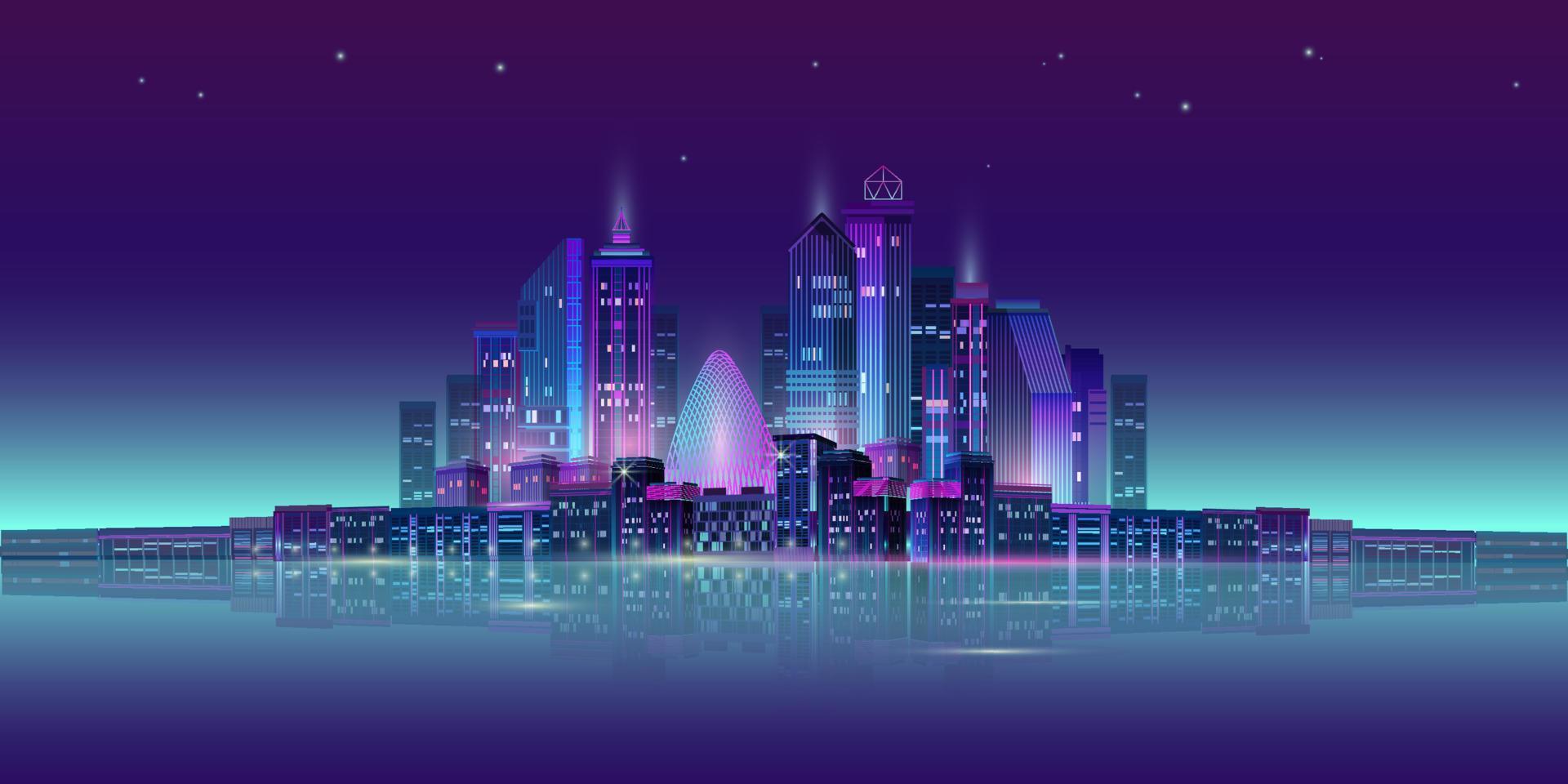 Night City Panorama with Neon Glow on Dark Background. Vector. vector