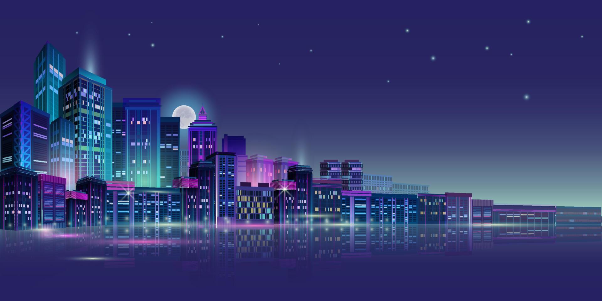 Night City Panorama with Neon Glow on Dark Background. Vector. vector