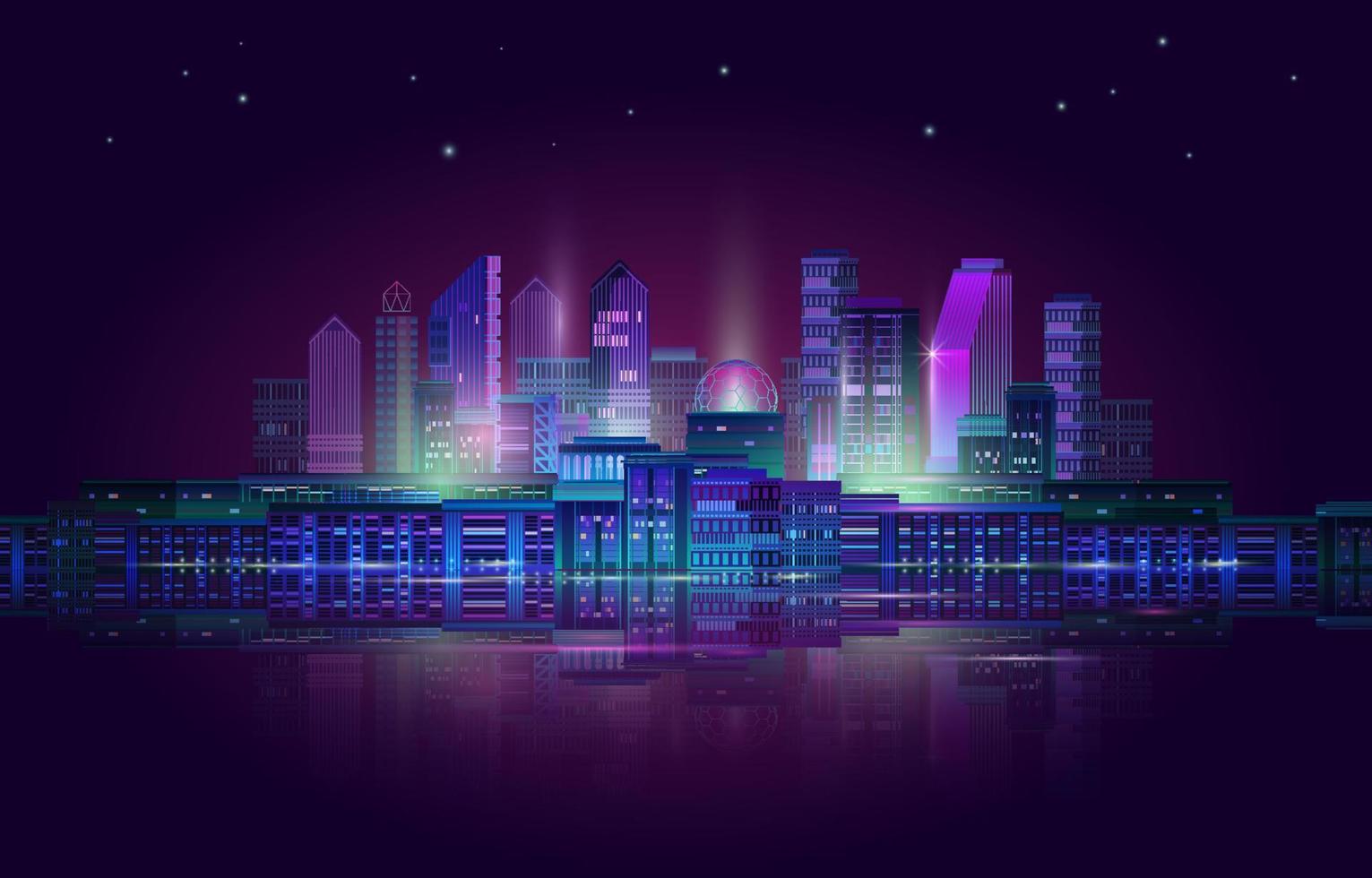 Night City Panorama with Neon Glow on Dark Background. Vector. vector